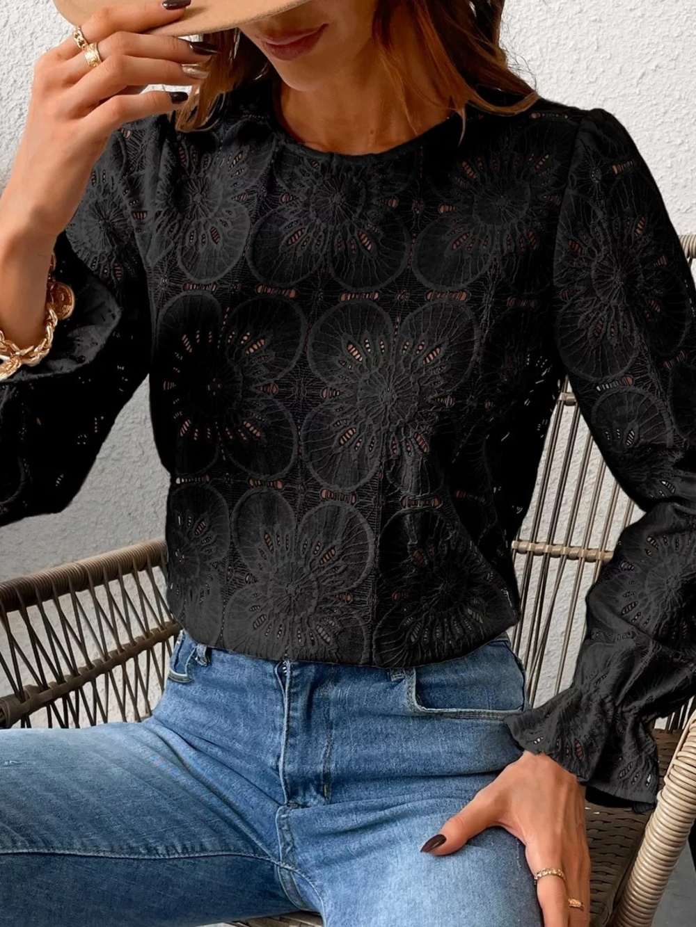 CUPSHE AUTHENTIC Black Eyelet Long-Sleeve Women’s Top in Size Large